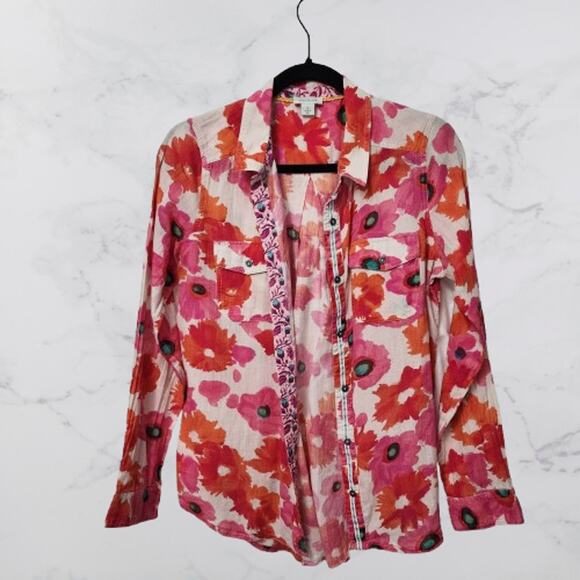 Sundance Pink Orange Cream Floral Long Sleeve Button Down Small - Picture 1 of 6